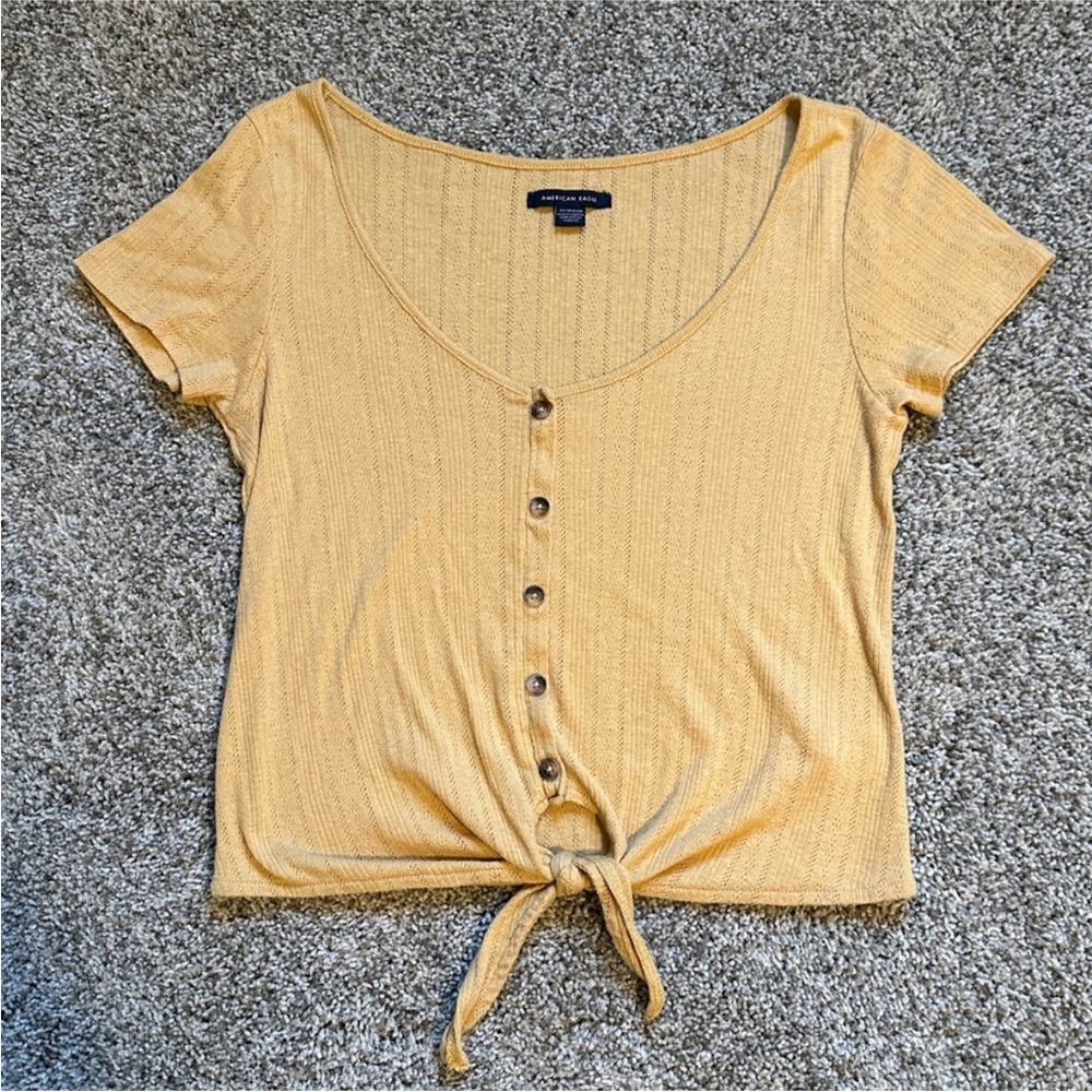 American Eagle Button Short Sleeve Crop Top with Front Tie